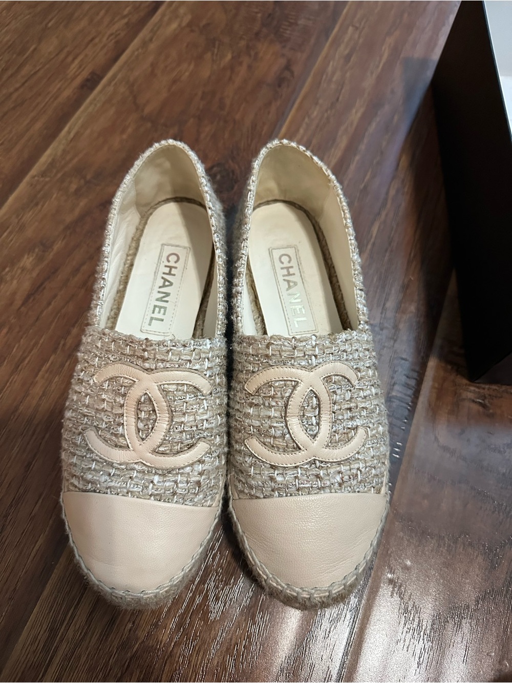 CHANEL Tweed & Leather Beige Espadrilles